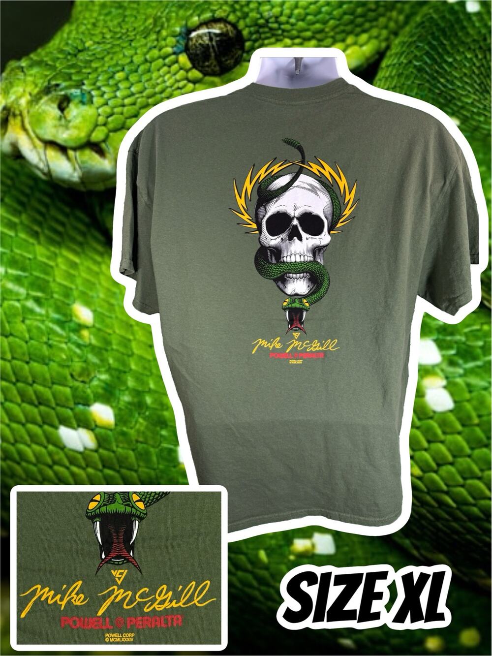 Powell Peralta Mike McGill Skull and Snake Skateboard T Shirt Military Green XL